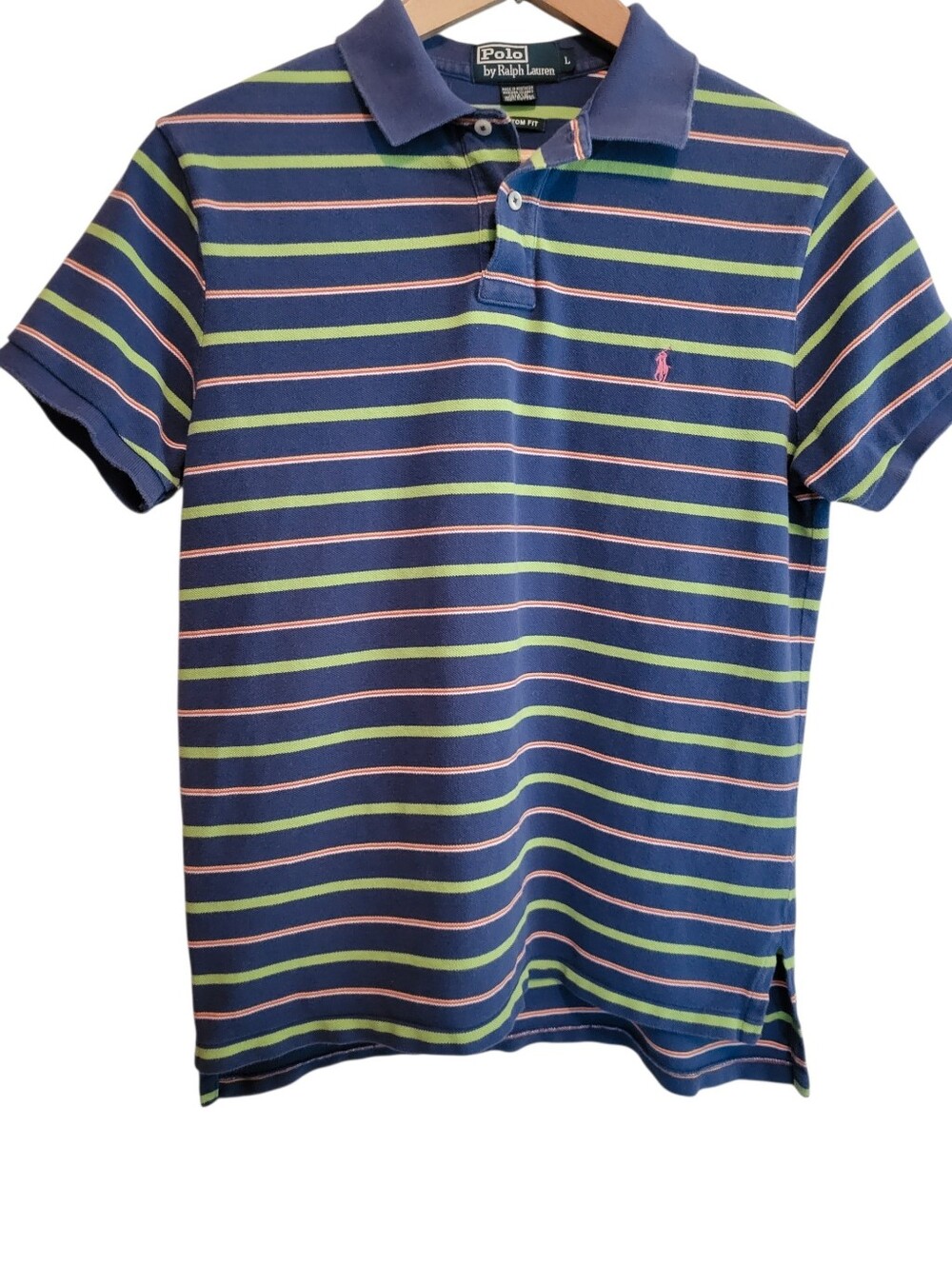 Vintage Ralph Lauren Polo Shirt Mens L Custom Fit Stripe Short Sleeve 100%Cotton